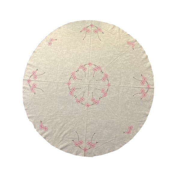 Vintage Handmade Round Tablecloth Used Cream with Pink and Brown - Picture 1 of 16